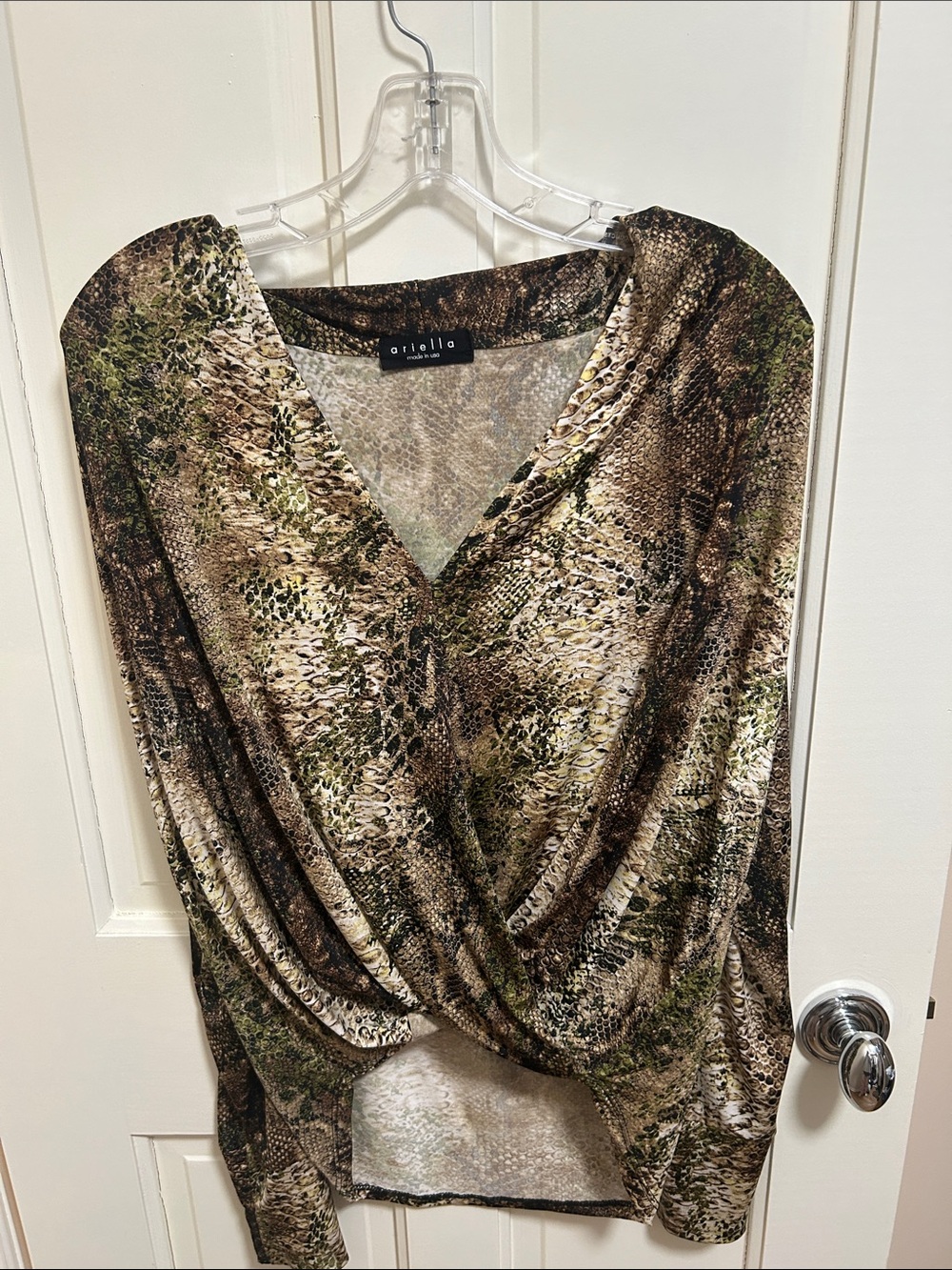 Ariella Olive Green and Brown Snake-Print Wrap Blouse